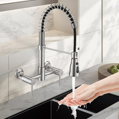 Brushed Nickel 3 Functions Wall Mounted Bridge Kitchen Faucet