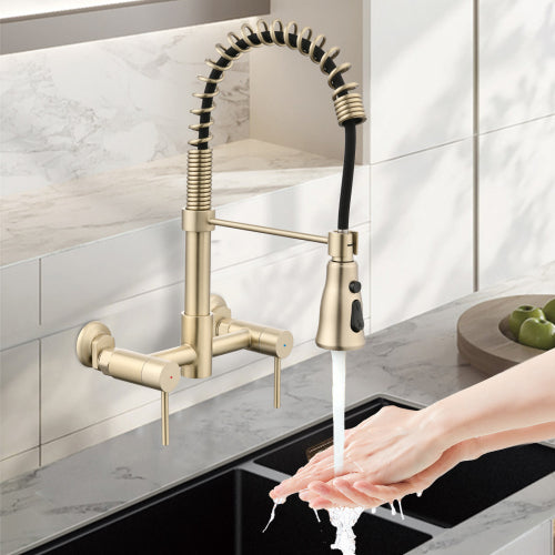 Brushed Gold 3 Functions Wall Mounted Bridge Kitchen Faucet