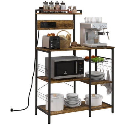 Bakers Rack with Power Outlet, USB Charger, Microwave Stand, Coffee Bar with Wire Basket, Industrial Kitchen Shelves with 5 S-Hooks for Spices, Pots and Pans, Rustic Brown