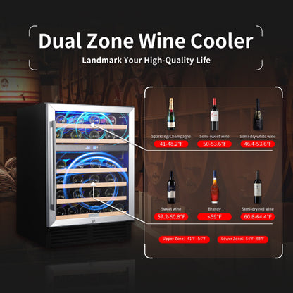 Wine Cooler 24 Dual Zones inch Wine Refrigerator 46 Bottles Built-in Wine Fridge Under Counter or Freestanding Auto Defrost 6 Removable Shelves Glass Door Quiet for Home Office Bar