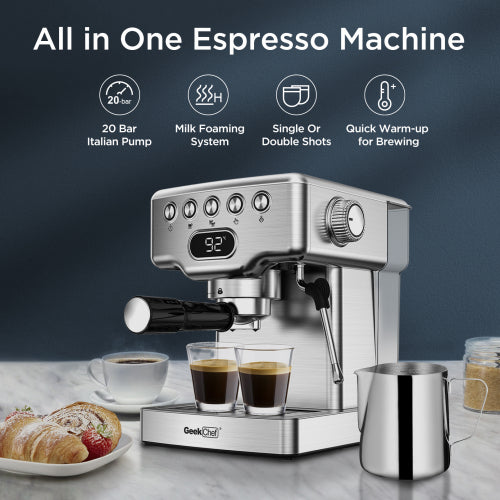 Geek Chef Espresso Machine,20 bar espresso machine with milk frother for latte,cappuccino,Machiato,for home espresso maker,1.8L Water Tank,Stainless Steel Complimentary