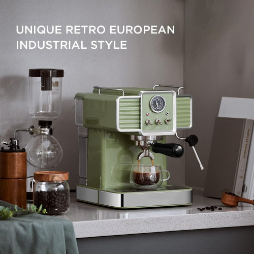 15 Bar Espresso Coffee Machine with Milk Frother Steam Wand, 1350W Professional Coffee Maker, 54 Oz Removable Water Tank Espresso Maker Cappuccino, Latte, Machiato, Green, For Home Barista