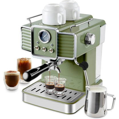 15 Bar Espresso Coffee Machine with Milk Frother Steam Wand, 1350W Professional Coffee Maker, 54 Oz Removable Water Tank Espresso Maker Cappuccino, Latte, Machiato, Green, For Home Barista