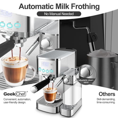 Geek Chef Espresso and Cappuccino Machine with Automatic Milk Frother,20Bar Espresso Maker for Home, for Cappuccino or Latte,with ESE POD filter, Stainless Steel,