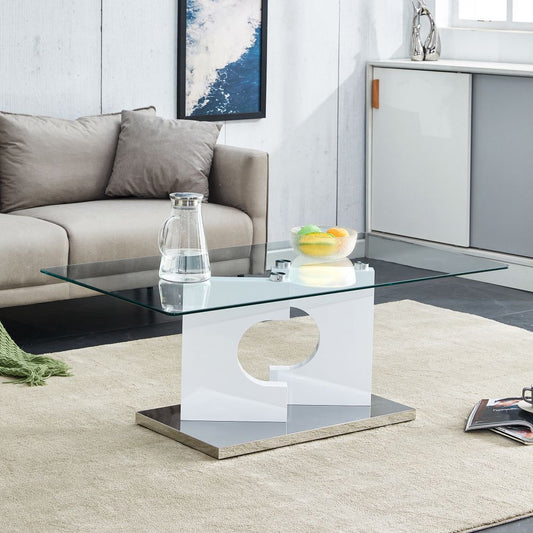 Sleek and Stylish: Rectangular Coffee Table with Tempered Glass Tabletop and White MDF Legs - Perfect for the Living Room 47.2" x 25.5" x 18"