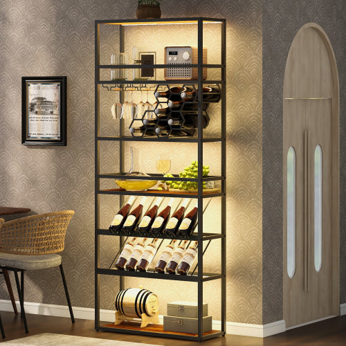 LED Tall Bar Cabinet Wine Rack, Black Contemporary Standing Honeycomb Wine Rack with Glass Rack