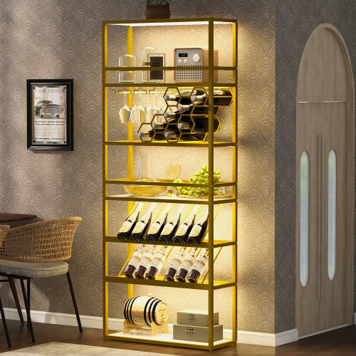 LED Tall Bar Cabinet Wine Rack, Gold Contemporary Standing Honeycomb Wine Rack with Glass Rack