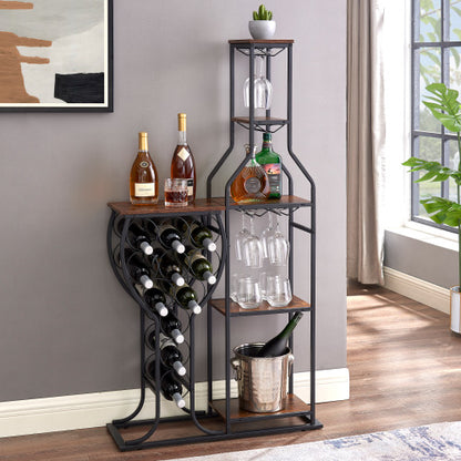 11 Bottle Wine Bakers Rack, 5 Tier Freestanding Wine Rack with Hanging Wine Glass Holder and Storage Shelves, Wine Storage Home Bar for Liquor and Wine Storagefor Kitchen, Dining Room