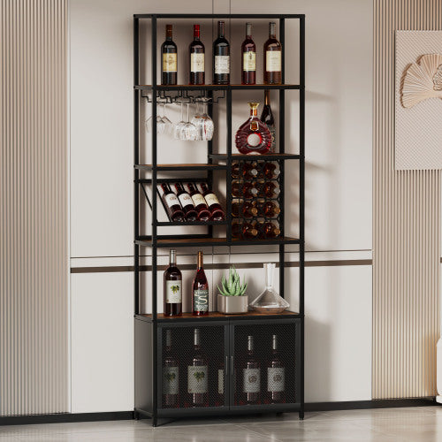 82.7" Industrial Standing Wine Rack with Glass Rack Tall Freestanding Floor Bar Cabinet