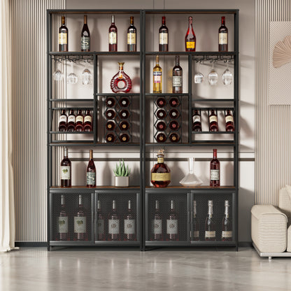 82.7" Industrial Standing Wine Rack with Glass Rack Tall Freestanding Floor Bar Cabinet