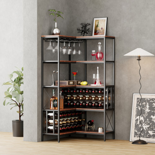 Corner Wine Rack Bar Cabinet Industrial Freestanding Floor Bar Cabinets for Liquor and Glasses Storage for Home Kitchen