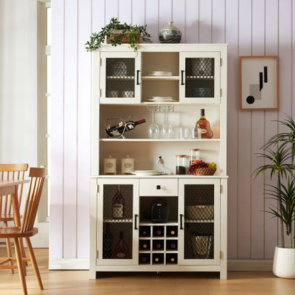 70" Kitchen Pantry Storage Cabinet Rustic Buffet Cabinet, Kitchen Hutch Cabinet with LED Outlets Food Pantry Cabinet with Doors and Shelves Wine Rack for Dining Room, Antique White