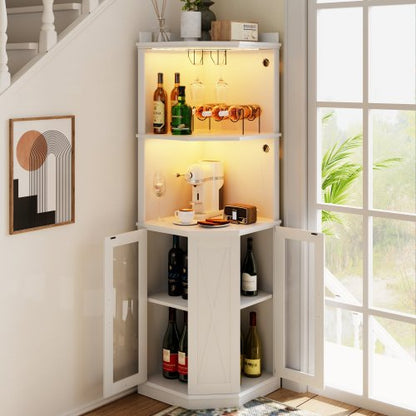 67.7" Corner Bar Cabinet with Power Outlet, Farmhouse Wine Bar Cabinet with Adjustable Shelves for Home,with Lights & Glass Rack for Dining Room, Living Room, Kitchen