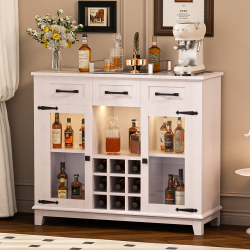 47" Modern Farmhouse Sideboard Buffet Storage Cabinet with LED Charging Station, Wood Coffee Bar Cabinet with Storage, Wine & Glass Rack,3 Drawers, for Kitchen, Dining Room, Living Room Antique White