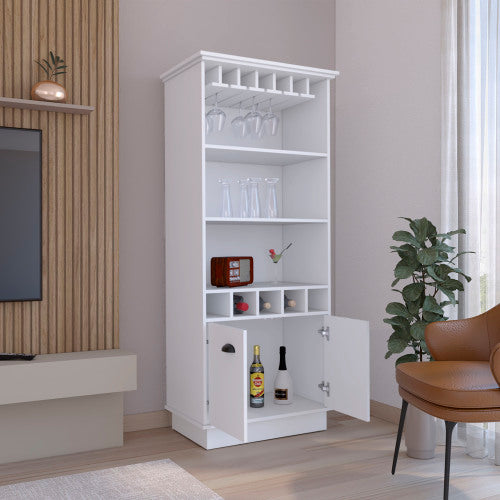 70"H Bar Cabinet with Wine Rack, Upper Glass Cabinet, three Open Storage Shelves and One Cabinet,White