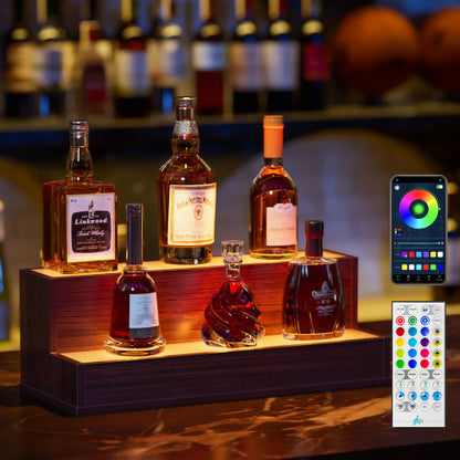 LED Lighted Liquor Bottle Display Shelf, 20 Inch Bar Display Shelf, DIY Illuminated Bottle Shelf with App & Remote Control, 2 Step Freestanding Holding Bottles for Home Bar, Party, Walnut