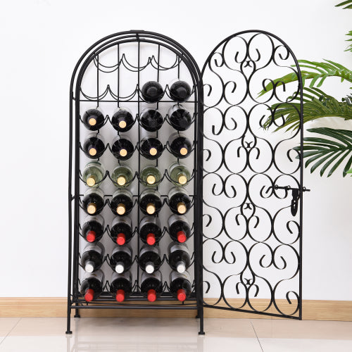 35 Bottle Wrought Iron Wine Rack Cabinet with Lock - Black