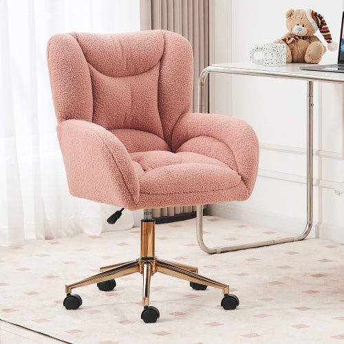 Teddy Fabric 360 Swivel Home Office Chair With Gold Metal Base And Universal Wheels,Pink