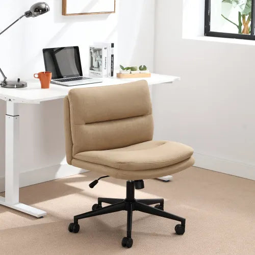 Office Chair Armless Criss Cross Legged Chair with Wheels, Comfy Home Office Desk Chairs, Adjustable Swivel Padded Fabric Vanity Task Computer Chair,Light Brown