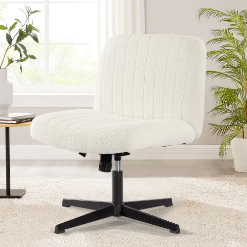 Office Chair Armless Desk Chair No Wheels, Sherpa Padded Wide Seat Home Office Chairs, 115° Rocking Mid Back Cute Computer Chair for Bedroom, Vanity, Makeup,Whtie