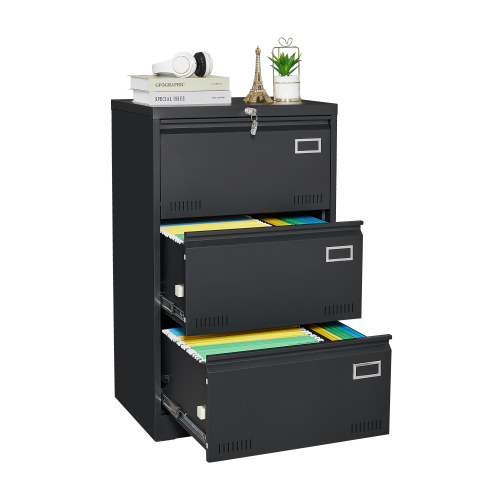 Filing Cabinet Lateral File Cabinet 3 Drawer, Blcak Locking Metal File Cabinets Three Drawer, Office Filing Cabinet with Lock Drawers for Home Office/Legal/Letter/A4/F4