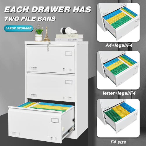 Filing Cabinet Lateral File Cabinet 3 Drawer, White Filing Cabinets with Lock, Locking Metal File Cabinets Three Drawer Office Cabinet for Legal/Letter/A4/F4 Home Office