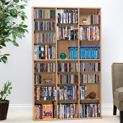 Media Shelving Unit, 6 Fixed Shelves, 18 Adjustable Shelves, Wide Base for Stability in Maple