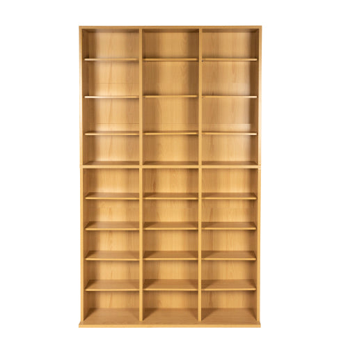 Media Shelving Unit, 6 Fixed Shelves, 18 Adjustable Shelves, Wide Base for Stability in Maple