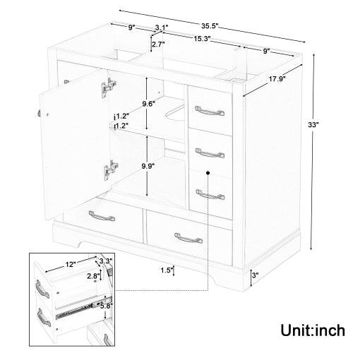 36" Bathroom Vanity without Sink, Cabinet Base Only, Six Drawers, Multi-Functional Drawer Divider, Adjustable Shelf, Green