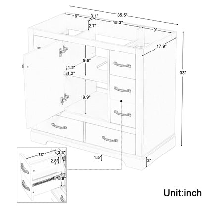 36" Bathroom Vanity without Sink, Cabinet Base Only, Six Drawers, Multi-Functional Drawer Divider, Adjustable Shelf, Green