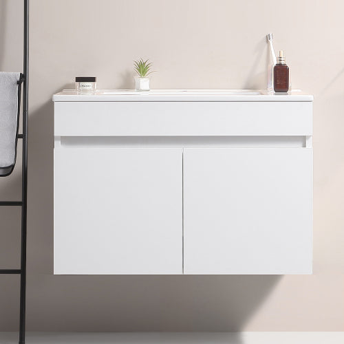 24 Inch Wall Mounted Bathroom Vanity with White Ceramic Basin,Two Soft Close Cabinet Doors, Solid Wood,Excluding faucets,White