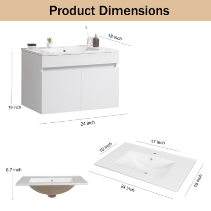 24 Inch Wall Mounted Bathroom Vanity with White Ceramic Basin,Two Soft Close Cabinet Doors, Solid Wood,Excluding faucets,White