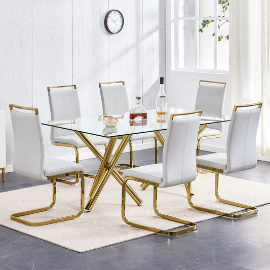 AKoiai-Elegant and Spacious: Large Rectangular Glass Dining Table for 6-8 with 0.39" Tempered Glass Top and Golden Metal Legs - Perfect for Kitchen, Dining, Living, Meeting Rooms, and Banquet Halls 71" x 35.4" x 30"