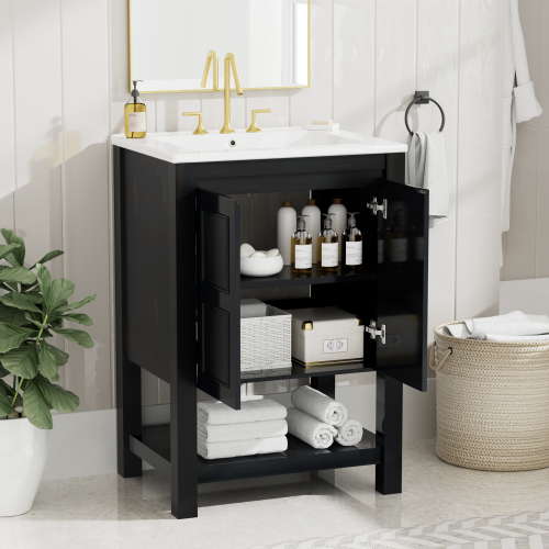 24x18.3x34.7 Inches Compact Vintage Style Bathroom Vanity Cabinet and Ceramic Sink Combo with Open Shelf-2 Soft-close Doors