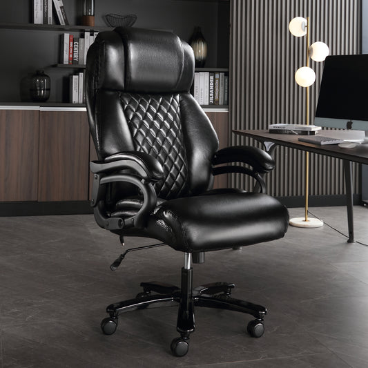 Big and Tall Office Chair, 500lbs High Back Large Executive Chair with Electric Airbag Heating High Back Computer Chair with Wide Seat, Black Ergonomic Leather Rocking Chair