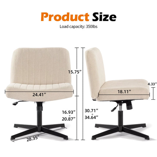 Office Chair Armless Desk Chair No Wheels, Fabric Padded Wide Seat Home Office Chairs, 115° Rocking Mid Back Cute Computer Chair for Bedroom, Vanity, Makeup,Beige