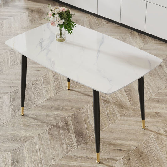 Sleek and Elegant: Modern Minimalist Dining Table with White Imitation Marble Pattern SINTERED STONE Desktop and Black Metal Legs 50" x 30" x 30"