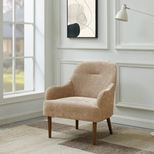 Chenille Armchair, Modern Style Accent Chair with Wood Legs, Comfy Design for Living Room, Bedroom, Office, Rosy Brown