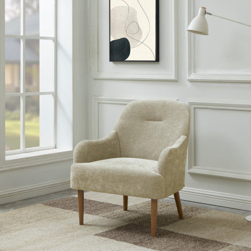 Chenille Armchair, Modern Style Accent Chair with Wood Legs, Comfy Design for Living Room, Bedroom, Office, Light Grey