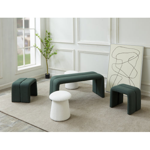 Ottoman Bench Set, Modern Upholstered Bench Including Four Benches for Bedroom, Living Room, Hallway, Deep Green U-Shape Ottoman & White Mushroom-like Ottoman.