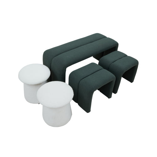 Ottoman Bench Set, Modern Upholstered Bench Including Four Benches for Bedroom, Living Room, Hallway, Deep Green U-Shape Ottoman & White Mushroom-like Ottoman.