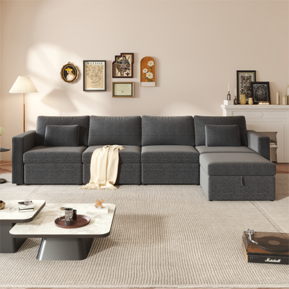 Modern Cotton Linen L-Shape Sectional Sofa, Oversized Upholstery Sectional Sofa, Chaise Couch with Storage Ottomans for Living Room/Loft/Apartment/Office-Dark Gray 5 seats