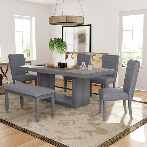 Contemporary 6-Piece 78inch Extendable Pedestal Dining Table Set with 18inch Removable Leaf and Dining Bench, 4 Upholstered Dining Chairs, Gray