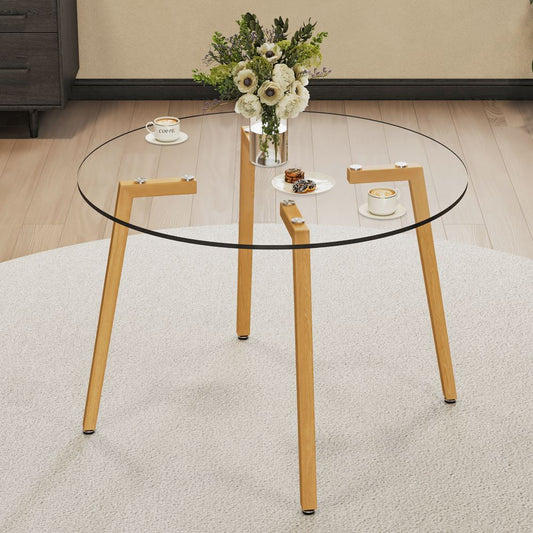 Sleek and Contemporary: Modern Minimalist Style Circular Transparent Tempered Glass Dining Table with Wooden Colored Metal Legs - Perfect for Kitchen, Dining Room, and Living Room 42" x 42" x 29.5"