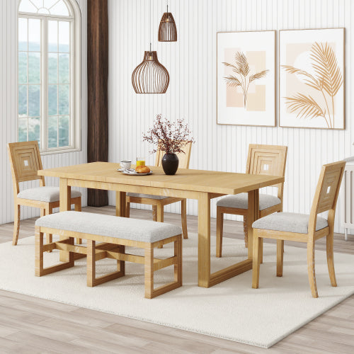 Modern 78inch 6-Piece Extendable Dining Table Set, 4 Upholstered Dining Chairs and Dining Bench, 18" Butterfly Leaf, Natural