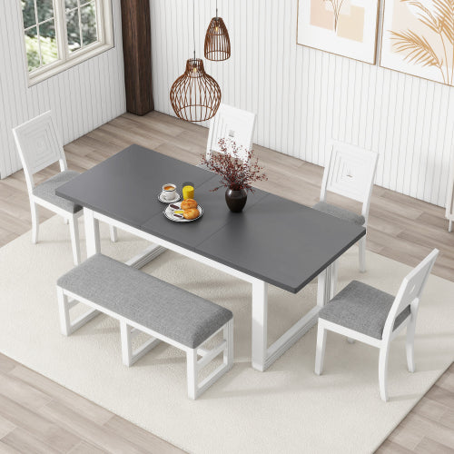 Modern 78inch 6-Piece Extendable Dining Table Set, 4 Upholstered Dining Chairs and Dining Bench, 18" Butterfly Leaf, White