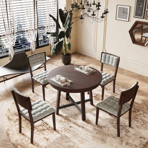 Rustic 42inch Round Dining Table Set with Cross Legs and Upholstered Dining Chairs for Small Places, Espresso