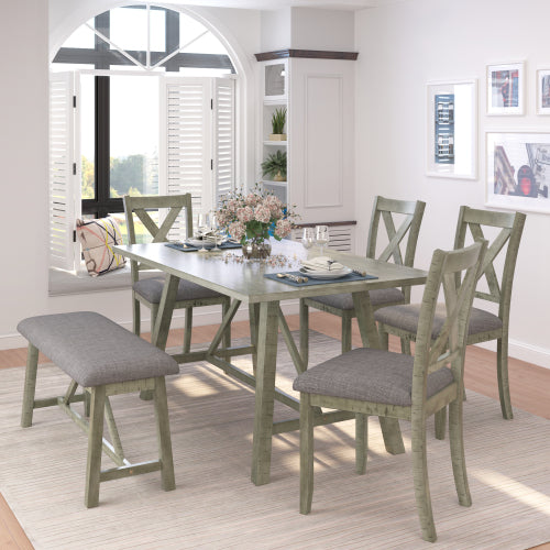 6 Piece Dining Table Set Wood Dining Table and chair Kitchen Table Set with Table, Bench and 4 Chairs, Rustic Style, Gray