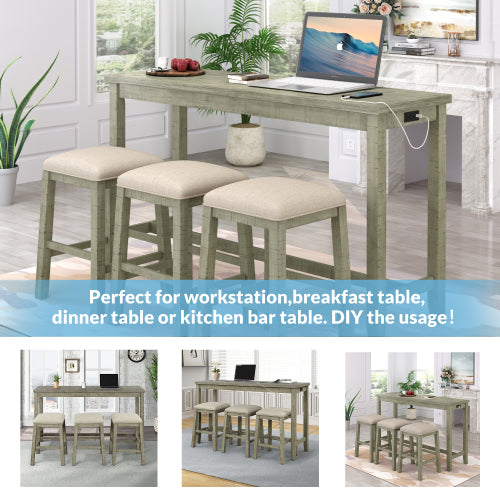 4 Pieces Counter Height Table with Fabric Padded Stools,Rustic Bar Dining Set with Socket,Gray Green