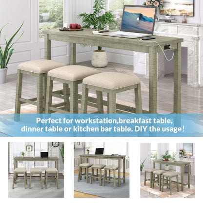 4 Pieces Counter Height Table with Fabric Padded Stools,Rustic Bar Dining Set with Socket,Gray Green